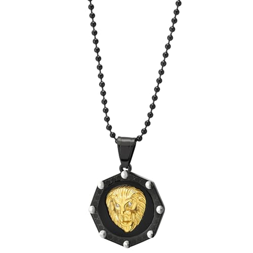 COOLSTEELANDBEYOND Gold Black Lion Head Medal Pendant with CZ and Black Onyx, Mens Stainless Steel Necklace