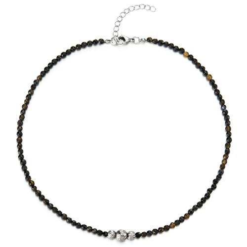COOLSTEELANDBEYOND Black Crystal Bead Chain Necklace, Stainless Steel Texture Bead Charms, Women Chain Necklace