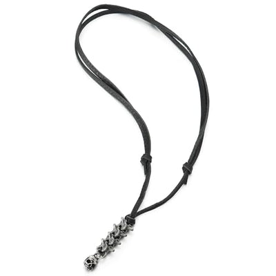 COOLSTEELANDBEYOND Old Metal Skeleton Bone Skull Charm Leather Necklace, Adjustable Black Leather Cord, Men Women