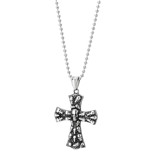 COOLSTEELANDBEYOND Mens Skulls Cross Pendant Necklace of Stainless Steel, Gothic Vintage, 30 inches Ball Chain