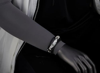COOLSTEELANDBEYOND Feather Leaf Black Braided Leather Bracelet for Men Women, Three-Row Leather Wristband