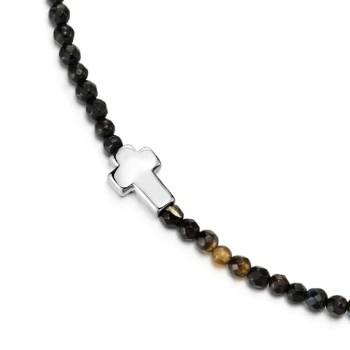 COOLSTEELANDBEYOND Black Crystal Bead Chain Necklace, Stainless Steel Cross Pendant, Women Chain Necklace