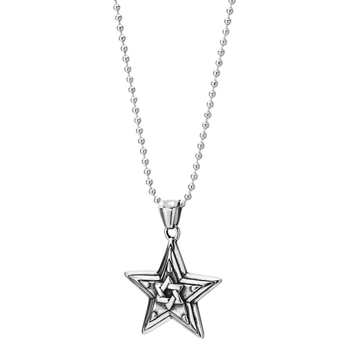 COOLSTEELANDBEYOND Vintage Pentagram Star Pendant Necklace of Stainless Steel, 24 inches Ball Chain, Mens