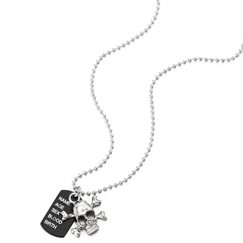 COOLSTEELANDBEYOND Gothic Punk Black Dog Tag Bone Pirate Skull Pendant Necklace with 27 in Ball Chain