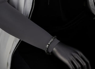 COOLSTEELANDBEYOND Silver Black Byzantine Chain, Satin Finished, Square Braided Link Bracelet for Mens, Stainless Steel