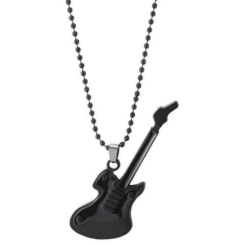 COOLSTEELANDBEYOND Guitar Pendant Black Necklace for Men Women, 27 inches Ball Chain