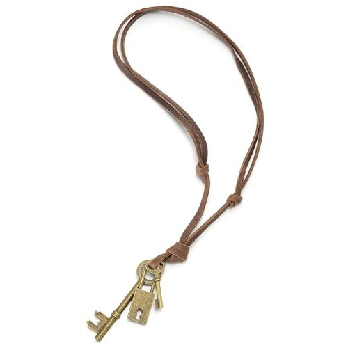 COOLSTEELANDBEYOND Retro Bronze Lock and Key Pendant Necklace for Mens Womens with Adjustable Brown Leather Cord