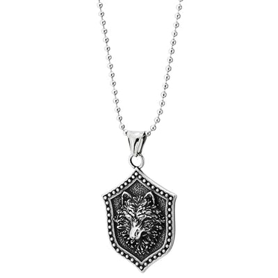 COOLSTEELANDBEYOND Vintage Viking Wolf Head Knight Shield Pendant, Mens Stainless Steel Necklace, 30 inches Ball Chain