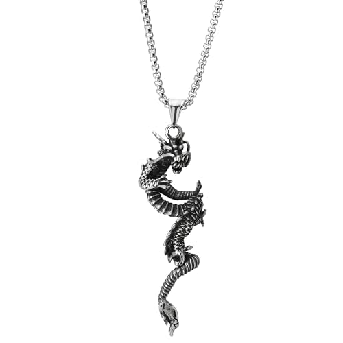 COOLSTEELANDBEYOND Mens Vintage Dragon Pendant, Stainless Steel Necklace with 30 inches Wheat Chain