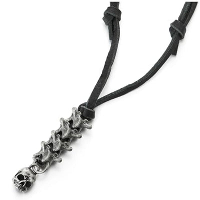 COOLSTEELANDBEYOND Old Metal Skeleton Bone Skull Charm Leather Necklace, Adjustable Black Leather Cord, Men Women