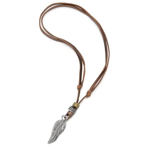 COOLSTEELANDBEYOND Retro Style Feather Pendant Unisex Necklace for Mens Womens with Adjustable Brown Leather Cord