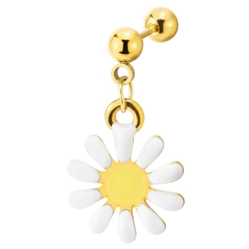 Gold Color Steel Barbell Ball Stud Earrings with Dangling Daisy Flower, Women, Screw Back