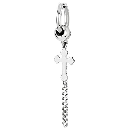 Cross Huggie Hinged Hoop Earrings for Men and Womens Steel Bead with Dangling Cross and Long Chain