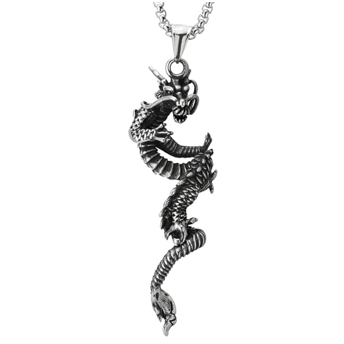 COOLSTEELANDBEYOND Mens Vintage Dragon Pendant, Stainless Steel Necklace with 30 inches Wheat Chain