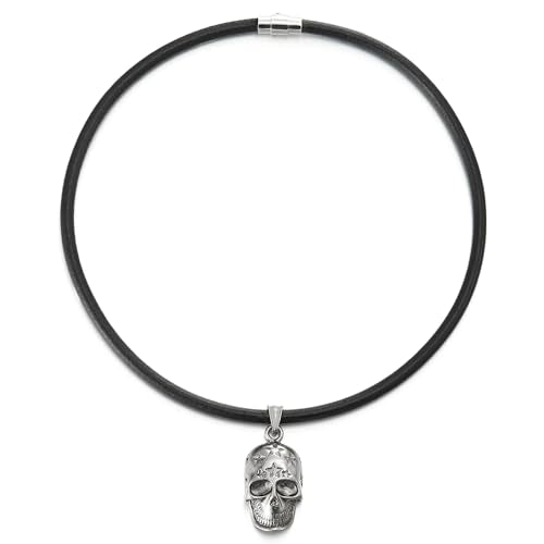 COOLSTEELANDBEYOND Punk Rock Skull Leather Necklace, Mens Women Pendant Necklace with Black Leather Cord