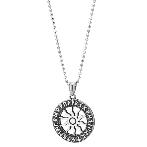COOLSTEELANDBEYOND Sun Disk Amulet Talisman Wheel Pendant with Old Futhark, Mens Steel Necklace Medallion Circle Medal