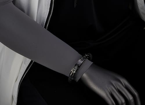 COOLSTEELANDBEYOND Mens Black Braided Leather Bangle Bracelet, Steel Centerpiece Inlaid with Carbon Fiber, Spring Clasp