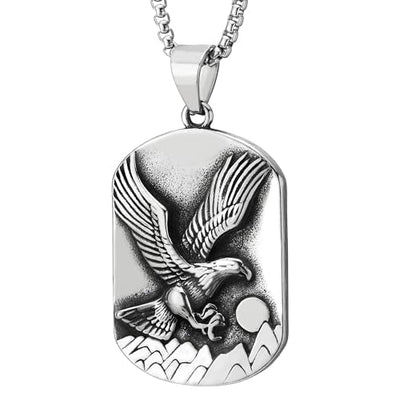 COOLSTEELANDBEYOND Mens Embossed Flying Eagle Pendant Dog Tag Necklace, Stainless Steel Medallion