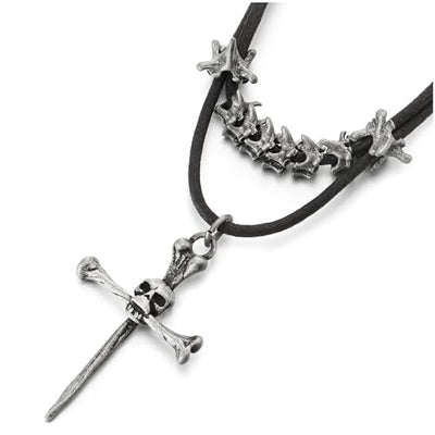 COOLSTEELANDBEYOND Vintage Bone Charm Skull Cross Leather Necklace, Leather Cord of Black Color, for Men Women