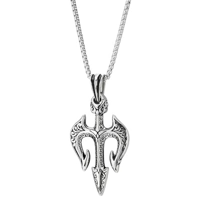 COOLSTEELANDBEYOND Neptune Trident Poseidon Protection Pendant, Stainless Steel Men Necklace, 30 in Wheat Chain