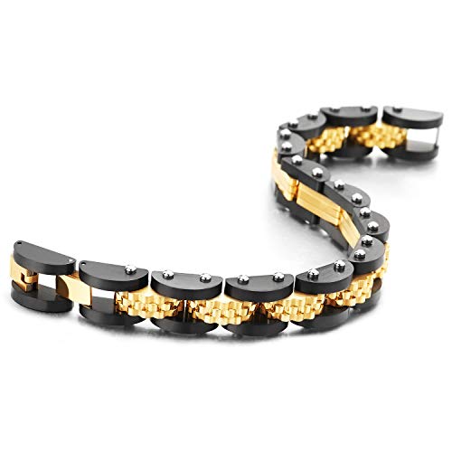 COOLSTEELANDBEYOND Stainless Steel Black Gold Convex Dotted Charms Link Bracelet Heavy-Duty Jewelry for Man