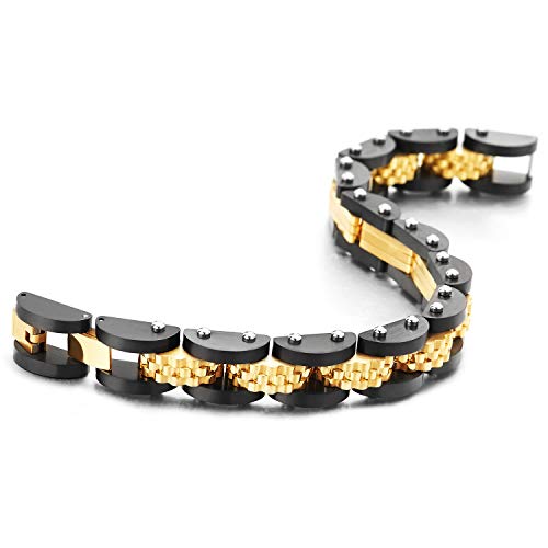 COOLSTEELANDBEYOND Stainless Steel Black Gold Convex Dotted Charms Link Bracelet Heavy-Duty Jewelry for Man