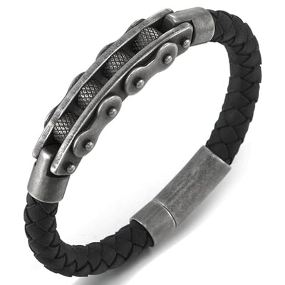 COOLSTEELANDBEYOND Mens Steel Vintage Old Metal Motorcycle Bike Chain Mechanic, Black Braided Leather Bangle Bracelet