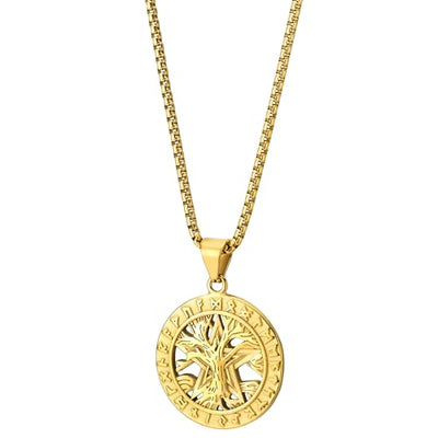 COOLSTEELANDBEYOND Gold Color Tree of Life Pentagram Wiccan Symbol Medal Circle Pendant, Mens Women Steel Necklace