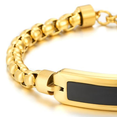 COOLSTEELANDBEYOND Steel Gold Color Rolo Wheat Chain Bracelet, ID Identification Inlaid with Black Centerpiece