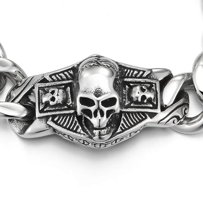 COOLSTEELANDBEYOND Stainless Steel Curb Chain Mens Large Skull ID Identification Bracelet, Skull Charm Clasp