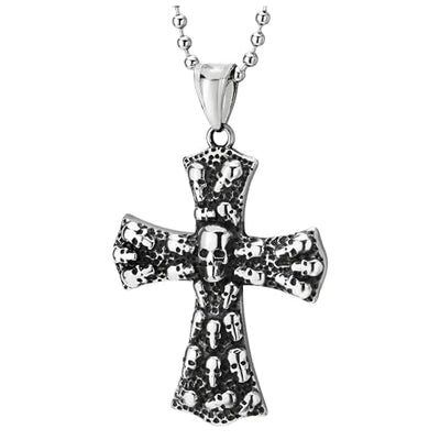 COOLSTEELANDBEYOND Mens Skulls Cross Pendant Necklace of Stainless Steel, Gothic Vintage, 30 inches Ball Chain