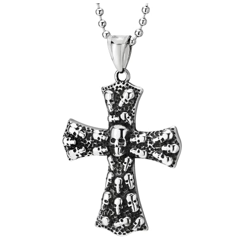 COOLSTEELANDBEYOND Mens Skulls Cross Pendant Necklace of Stainless Steel, Gothic Vintage, 30 inches Ball Chain