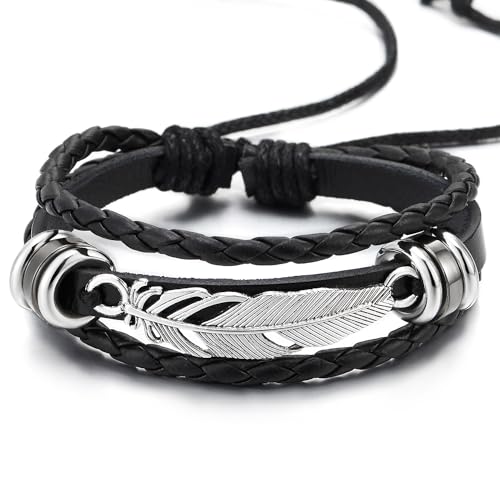 COOLSTEELANDBEYOND Feather Leaf Black Braided Leather Bracelet for Men Women, Three-Row Leather Wristband