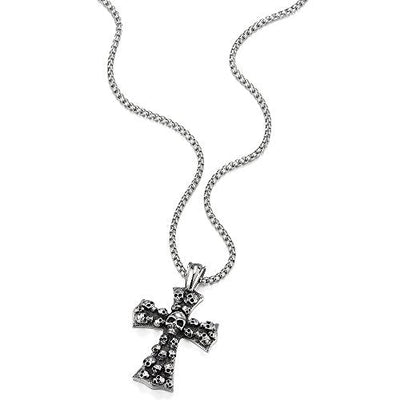 COOLSTEELANDBEYOND Mens Large Gothic Vintage Skulls Cross Pendant Necklace of Steel, Wheat Chain