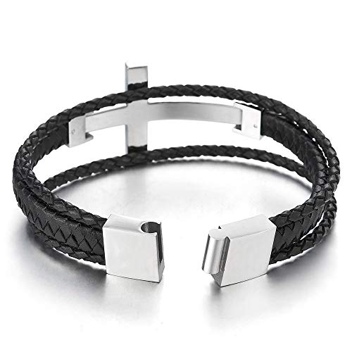 COOLSTEELANDBEYOND Men Stainless Steel Horizontal Sideway Lateral Cross Three-Row Braided Leather Bangle Bracelet