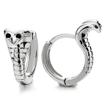 Stainless Steel Cobra Snake Earrings for Men Womens, Black Cubic Zirconia Eyes Huggie Hinged Hoop,