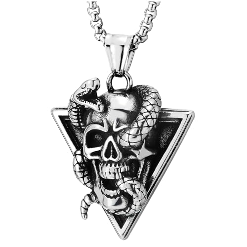 COOLSTEELANDBEYOND Triangle Snake Skull Pendant, Men Stainless Steel Necklace, Punk Rock, 30 inches Wheat Chain