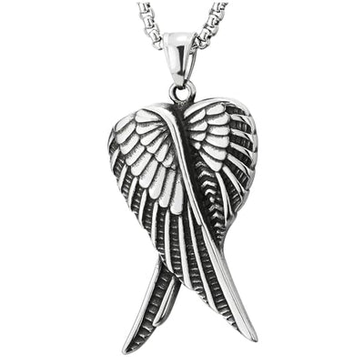 COOLSTEELANDBEYOND Vintage Crossed Wing Pendant Necklace for Mens Women, Stainless Steel, 30 Inches Wheat Chain