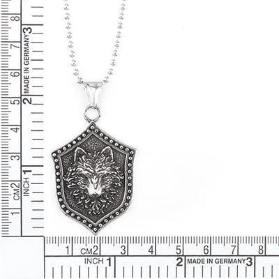 COOLSTEELANDBEYOND Vintage Viking Wolf Head Knight Shield Pendant, Mens Stainless Steel Necklace, 30 inches Ball Chain