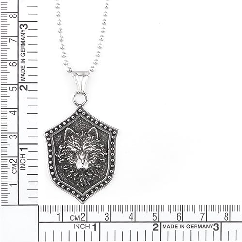 COOLSTEELANDBEYOND Vintage Viking Wolf Head Knight Shield Pendant, Mens Stainless Steel Necklace, 30 inches Ball Chain