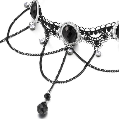 COOLSTEELANDBEYOND Gothic Victorian Nostalgic Ladies Black Choker Necklace with Black Teardrop Beads Charm Pendant