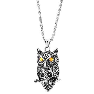 COOLSTEELANDBEYOND Owl and Skull Pendant, Mens Stainless Steel Vintage Necklace with 30 inches Wheat Chain