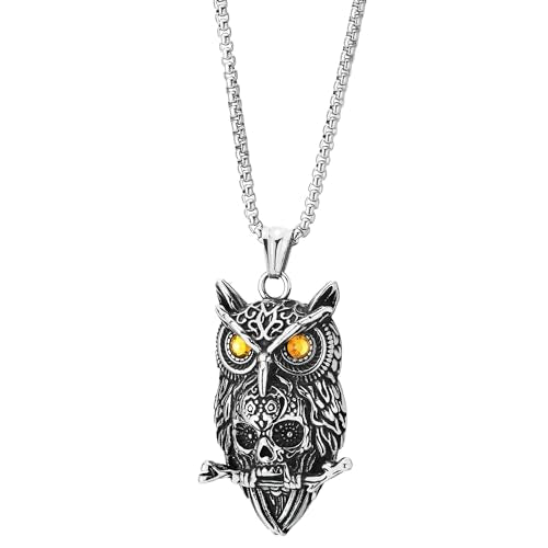 COOLSTEELANDBEYOND Owl and Skull Pendant, Mens Stainless Steel Vintage Necklace with 30 inches Wheat Chain