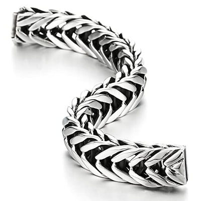 COOLSTEELANDBEYOND Masculine Style Wide Curb Chain Bracelet Stainless Steel Silver Color for Men