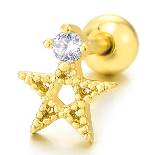 Steel Gold Color Dotted Star Pentagram Stud Earrings with Cubic Zirconia for Women, Screw Back