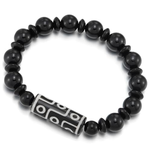 COOLSTEELANDBEYOND Mens Women Black Beads Bracelet, Totem Tattoo Tribal Prayer, Protection Mala, Murano-Style Bead