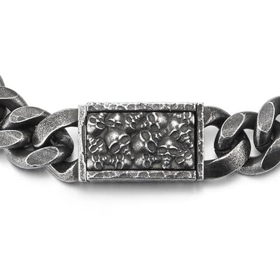 COOLSTEELANDBEYOND Old Metal Finishing Curb Chain Bracelet, Skulls Push-in Box Clasp, Mens Vintage Stainless Steel