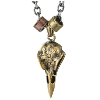 COOLSTEELANDBEYOND Bronze Eagle Bird Head Skull Pendant with Ancient Letter, Mens Womens Necklace, 24 in Rope Chain