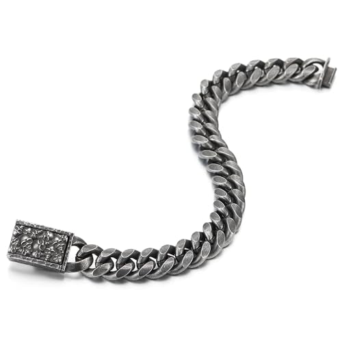 COOLSTEELANDBEYOND Old Metal Finishing Curb Chain Bracelet, Skulls Push-in Box Clasp, Mens Vintage Stainless Steel