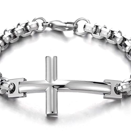 COOLSTEELANDBEYOND Mens Womens Stainless Steel Horizontal Sideway Lateral Cross Link Chain Bangle Bracelet, Polished
